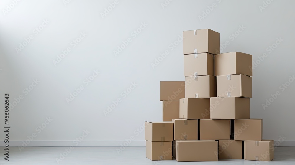 A group of cardboard boxes stacked in a corner of a plain white space, symbolizing organization, moving, and packaging solutions for home and business logistics A group of cardboard boxes stacked in a corner of a plain white space, symbolizing organization, moving, and packaging solutions for home and business logistics