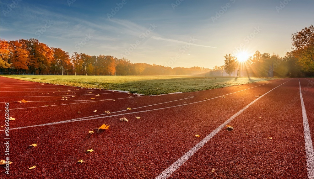 Sunrise on Empty Running Track with Autumn Leaves, Sunlit Landscape, Outdoor Sports Facility at Dawn, Peaceful Athletic Training Environment Sunrise on Empty Running Track with Autumn Leaves, Sunlit Landscape, Outdoor Sports Facility at Dawn, Peaceful Athletic Training Environment