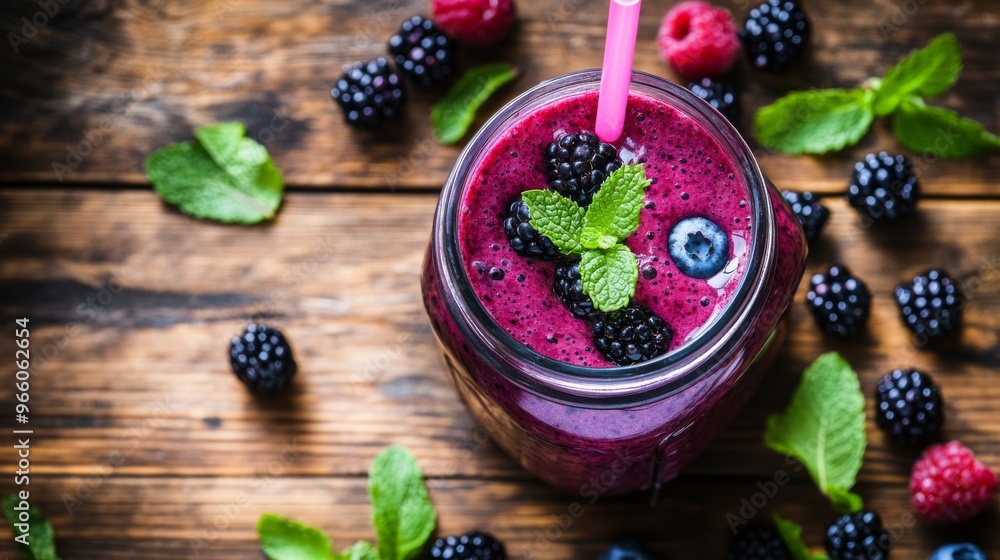 Refreshing berry smoothie in a glass jar surrounded by fresh berries on a wooden table Refreshing berry smoothie in a glass jar surrounded by fresh berries on a wooden table