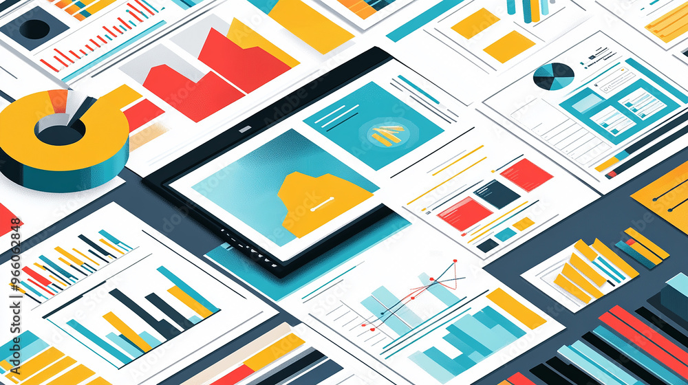 Data analysis allows companies to gain actionable insights, improving decision-making and operational efficiency 2D Illustration style: Data analysis allows companies to gain actionable insights, improving decision-making and operational efficiency 2D Illustration style: