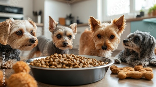 A group of small dogs sharing a large bowl of healthy dog food in a bright, modern kitchen, with trendy pet accessories like chew toys and dog beds scattered around photo