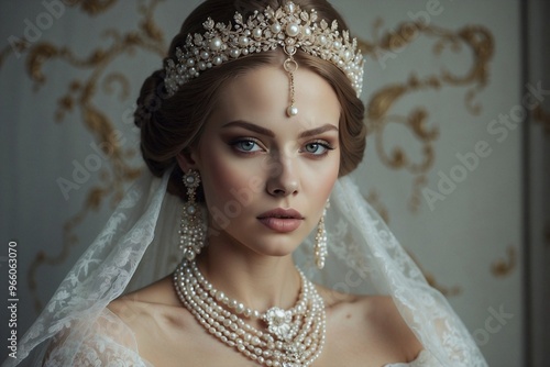 Beautiful Woman in a Wedding Dress Adorned with Pearls in Her Hair, Embodying Elegance