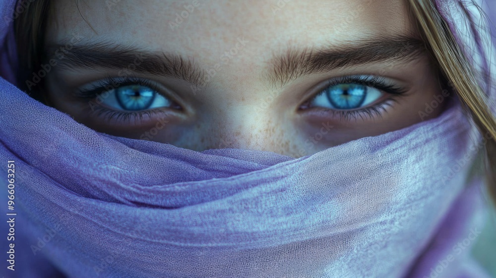Closeup of the light blue eyes of a girl with her face wrapped in a lavender scarf generative ai Closeup of the light blue eyes of a girl with her face wrapped in a lavender scarf generative ai