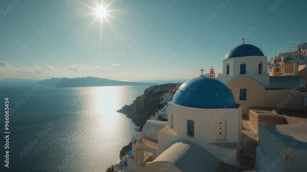 Fototapeta premium A high-angle view of the Orthodox Church in Oia, Santorini, with its blue dome shining in the sunlight, and the village and sea extending into the horizon