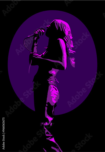 Isolated, high contrast, female singer illustration on black and purple background.