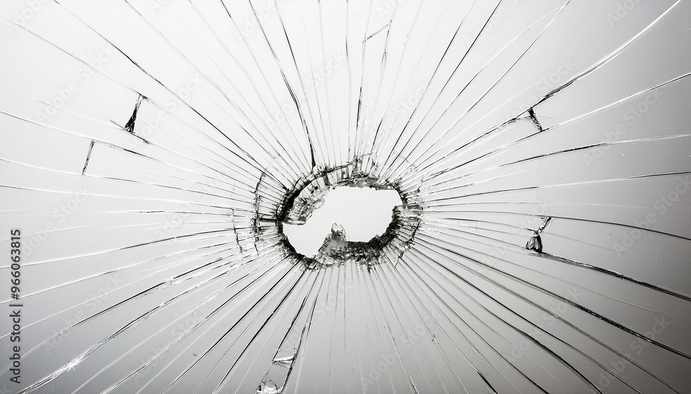 Obraz premium Cracked glass with hole on white background.