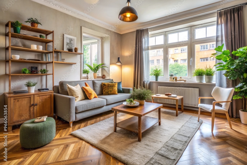 Fototapeta premium Cozy And Compact Studio Living Room With Stylish Furnishings, Ample Natural Light, And A Warm, Inviting Atmosphere