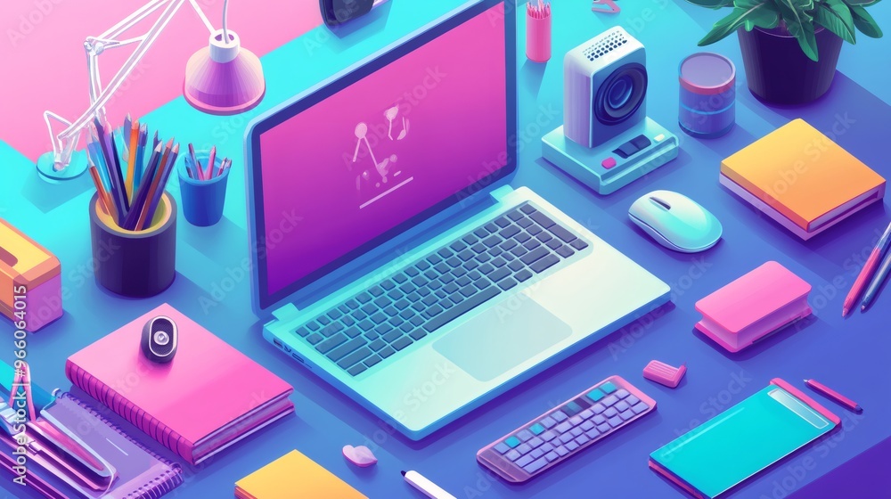 A modern, colorful, and stylish isometric illustration of a desk with a laptop, books, and other office supplies. A modern, colorful, and stylish isometric illustration of a desk with a laptop, books, and other office supplies.
