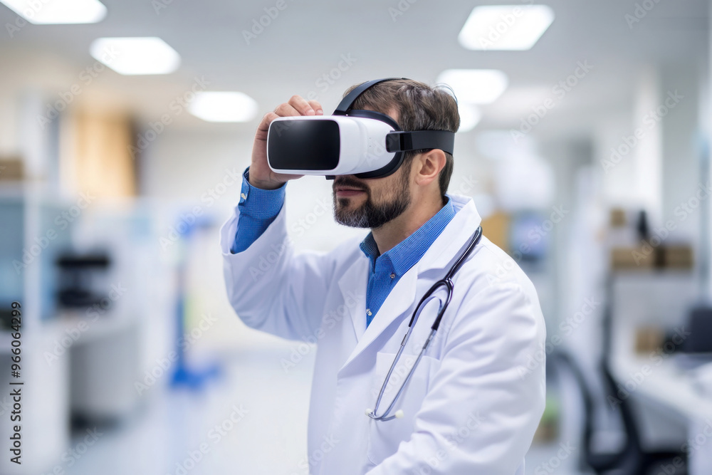 Doctor using virtual reality headset in a modern medical environment, exploring technology for healthcare training and patient care Doctor using virtual reality headset in a modern medical environment, exploring technology for healthcare training and patient care