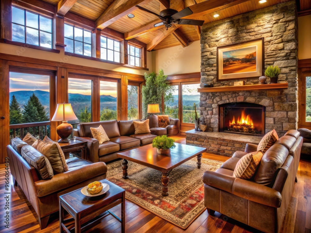 Cozy Living Room In A Mountain Home Features Warm Colors, Natural Wood Accents, And A Rustic Stone Fireplace Creating A Welcoming And Inviting Atmosphere. Cozy Living Room In A Mountain Home Features Warm Colors, Natural Wood Accents, And A Rustic Stone Fireplace Creating A Welcoming And Inviting Atmosphere.