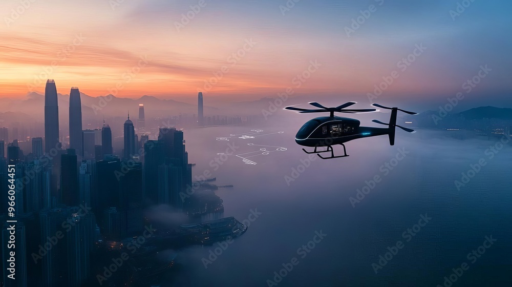 Smart urban air vehicle, digital sky routes, city skyline at dawn, misty view Smart urban air vehicle, digital sky routes, city skyline at dawn, misty view