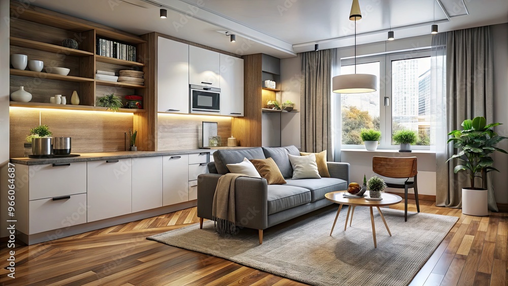 Fototapeta premium Cozy Studio Apartment With Stylish Decor, Featuring A Compact Living Area, Kitchenette, And Separate Sleeping Nook.