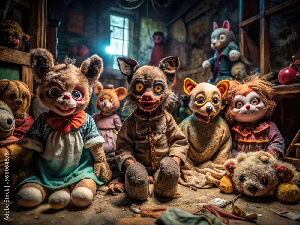 Creepy abandoned animatronic animals with glowing eyes and worn-out costumes sit in a dimly lit, neglected children's entertainment room filled with broken toys and darkness. Creepy abandoned animatronic animals with glowing eyes and worn-out costumes sit in a dimly lit, neglected children's entertainment room filled with broken toys and darkness.