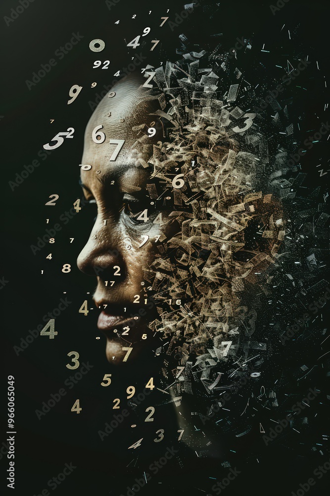 portrait of a woman with numbers and letters exploding out of the head portrait of a woman with numbers and letters exploding out of the head
