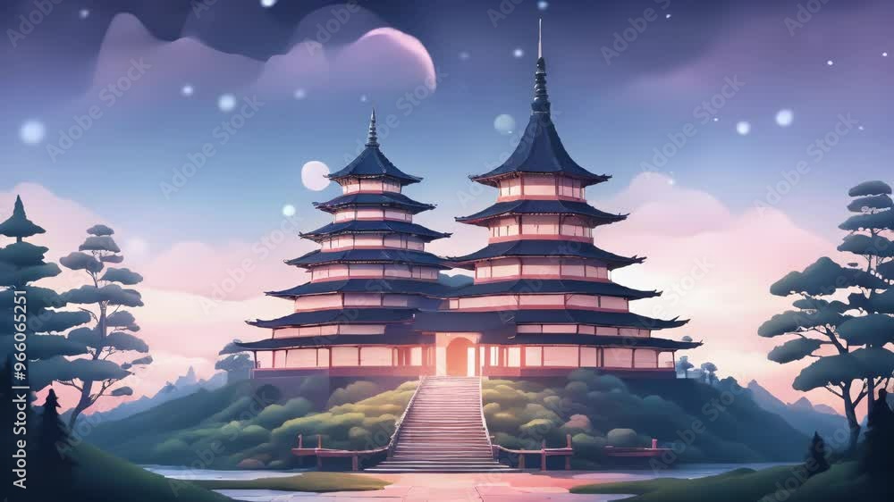 Japanese Temple at Night with Moon and Stars
