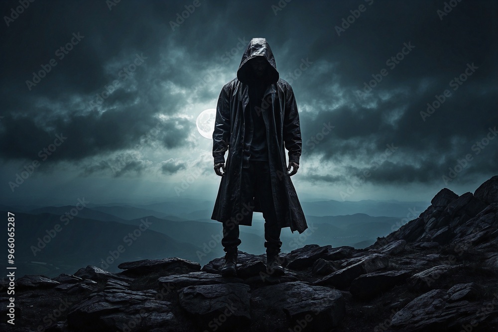 Silhouette of a Person in a Dark Cloak with a Hood Standing on a Rock Against the Full Moon