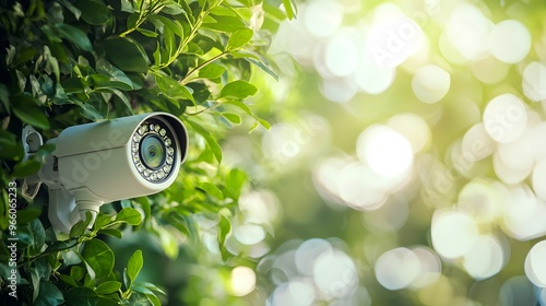 Outdoor white security camera affixed to a building, green foliage softly blurred in the background, sunny day photo