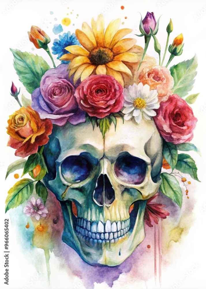A Stunning Watercolor Illustration of a Skull Surrounded by Vibrant Flowers for Artistic Uses and Decor A Stunning Watercolor Illustration of a Skull Surrounded by Vibrant Flowers for Artistic Uses and Decor