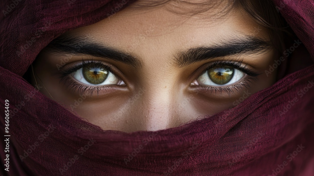 Closeup of the olive green eyes of a girl with her face wrapped in a maroon scarf generative ai Closeup of the olive green eyes of a girl with her face wrapped in a maroon scarf generative ai