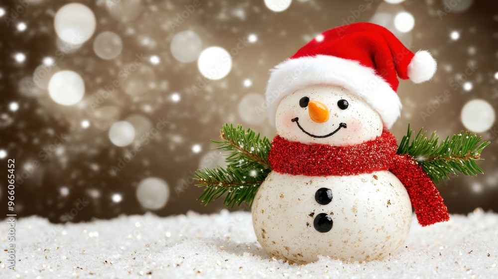 Cheerful snowman wearing a red hat and scarf surrounded by snowflakes during a festive winter season celebration Cheerful snowman wearing a red hat and scarf surrounded by snowflakes during a festive winter season celebration