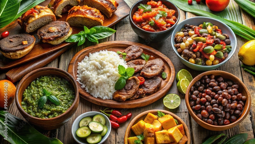 Delectable Spread Of Traditional Cuban Cuisine Featuring Succulent Pork, Fragrant Rice, Colorful Beans, And Tropical Fruit Delectable Spread Of Traditional Cuban Cuisine Featuring Succulent Pork, Fragrant Rice, Colorful Beans, And Tropical Fruit