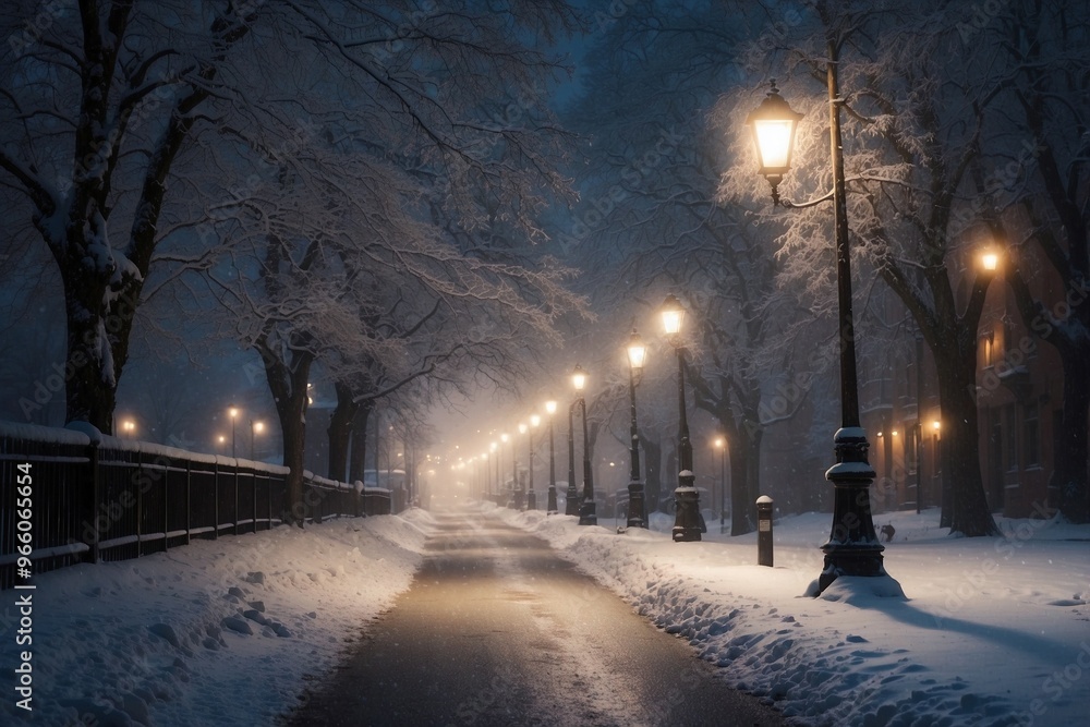 Snowy Night Christmas Scene with a Street Lamp and Sparkling Trees Snowy Night Christmas Scene with a Street Lamp and Sparkling Trees