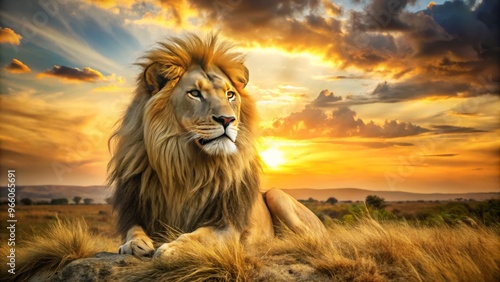 A majestic golden lion with a shaggy mane sits regally in a savannah landscape at sunset, gazing fiercely photo