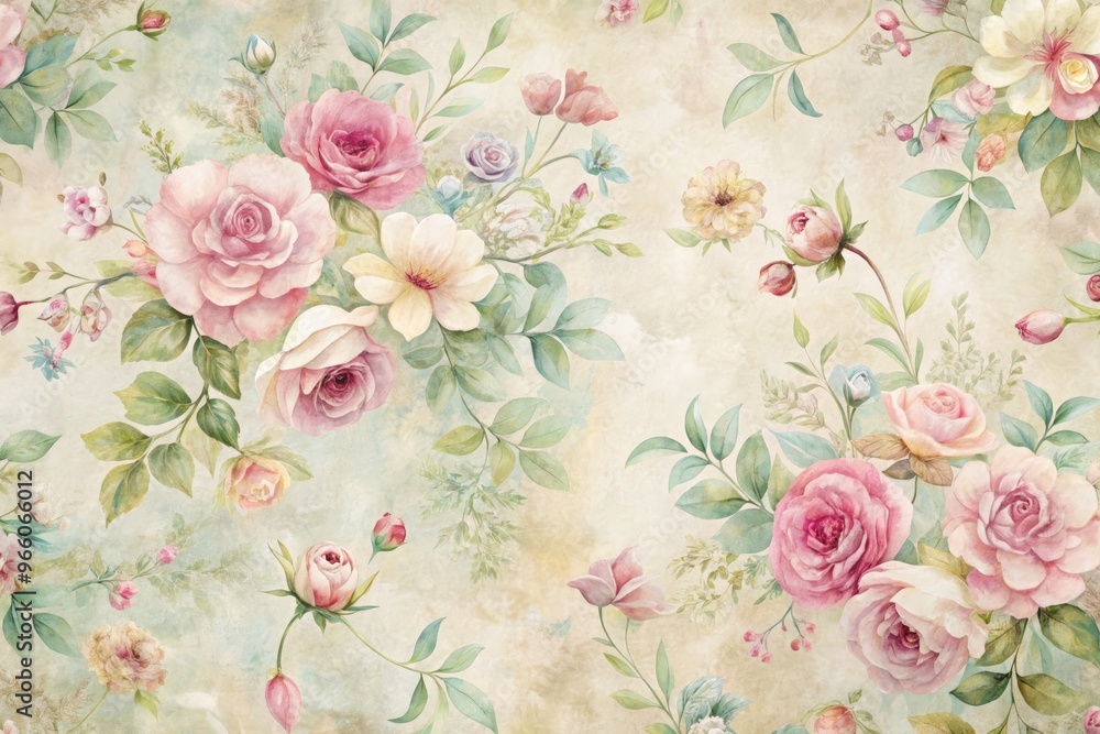 custom made wallpaper toronto digitalDelicate, hand-painted floral patterns adorn a soft, textured paper background, evoking a sense of vintage elegance and whimsical charm in a muted, pastel color palette.