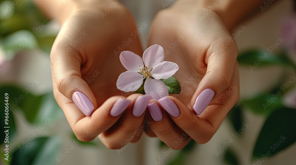 A pair of hands with smooth, glossy purple nails, gently holding a small flower, with soft focus on the summer manicure and floral beauty A pair of hands with smooth, glossy purple nails, gently holding a small flower, with soft focus on the summer manicure and floral beauty