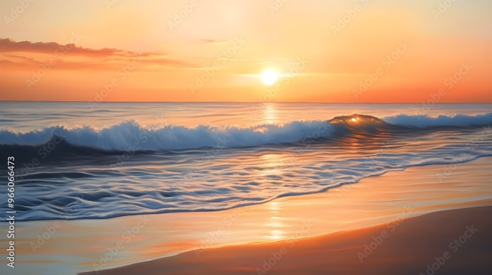 A tranquil painting of a coastal sunset, where warm hues of orange, pink, and gold blend seamlessly across the sky and reflect off the gentle waves of the sea. A tranquil painting of a coastal sunset, where warm hues of orange, pink, and gold blend seamlessly across the sky and reflect off the gentle waves of the sea.