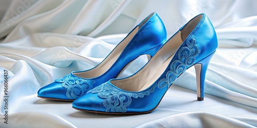 Delicate lace trim adorns the sleek heels of a pair of bright blue satin wedding shoes, posed on a soft white satin fabric background. photo