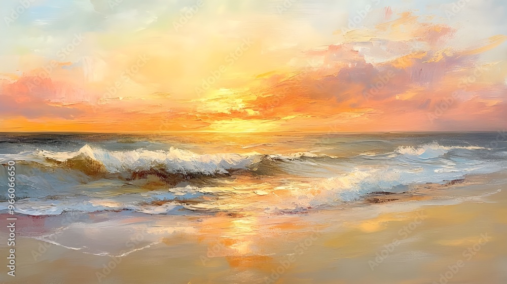 Obraz premium A tranquil painting of a coastal sunset, where warm hues of orange, pink, and gold blend seamlessly across the sky and reflect off the gentle waves of the sea.