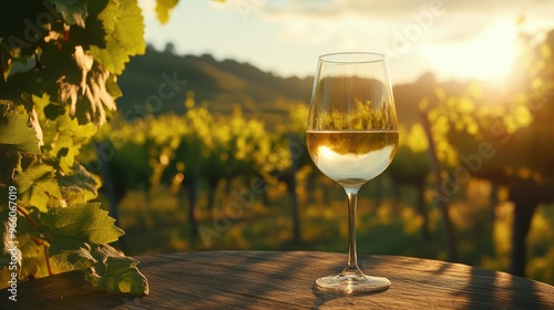 A picturesque scene of a glass of white wine on a table, with a vineyard full of green vines in the background, bright sunlight