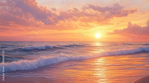 A tranquil painting of a coastal sunset, where warm hues of orange, pink, and gold blend seamlessly across the sky and reflect off the gentle waves of the sea.