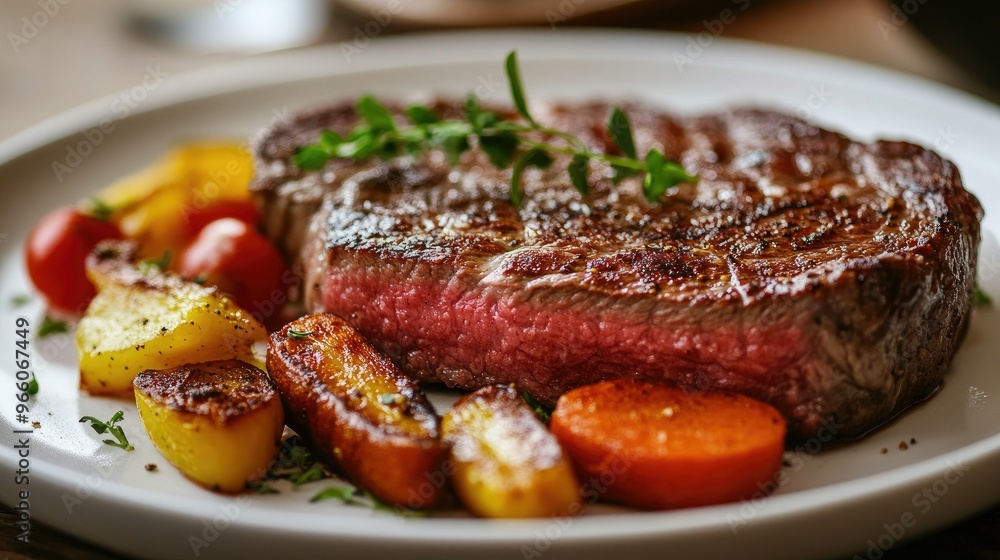 A plate of perfectly seared steak with a side of roasted vegetables, garnished beautifully, captured in soft lighting to highlight the richness of the dish A plate of perfectly seared steak with a side of roasted vegetables, garnished beautifully, captured in soft lighting to highlight the richness of the dish