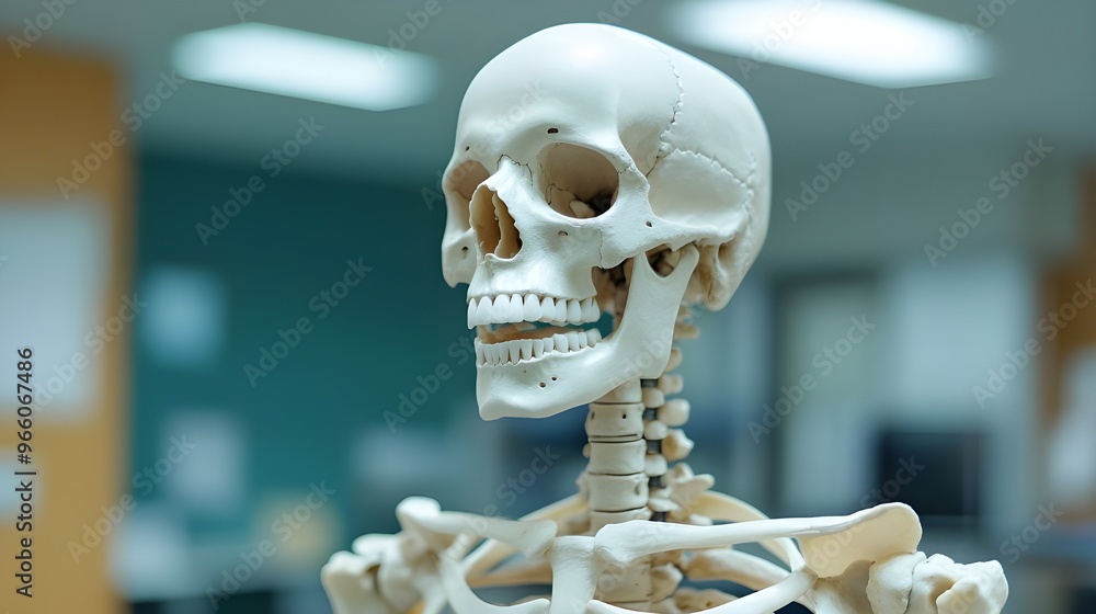 A detailed photograph of a life-size anatomical model of the human skeleton, meticulously displayed in a well-lit medical study room. A detailed photograph of a life-size anatomical model of the human skeleton, meticulously displayed in a well-lit medical study room.