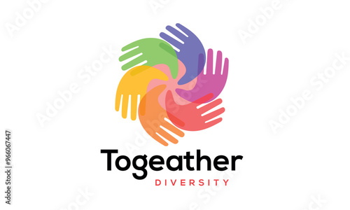 Minimal logo illustrating diversity and teamwork, featuring colourful hands coming together to symbolise unity, collaboration, and mutual support