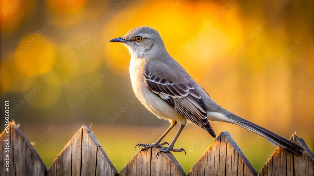 A majestic mockingbird perched on a rustic wooden fence, its sleek gray and white feathers glistening in the A majestic mockingbird perched on a rustic wooden fence, its sleek gray and white feathers glistening in the