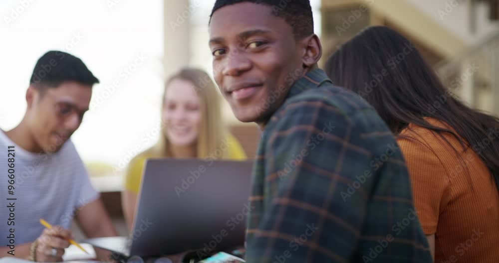 Happiness, campus and face of university student, black man or learner happy for knowledge, project or group education. School portrait, outdoor social discussion and African pupil plan college study Happiness, campus and face of university student, black man or learner happy for knowledge, project or group education. School portrait, outdoor social discussion and African pupil plan college study