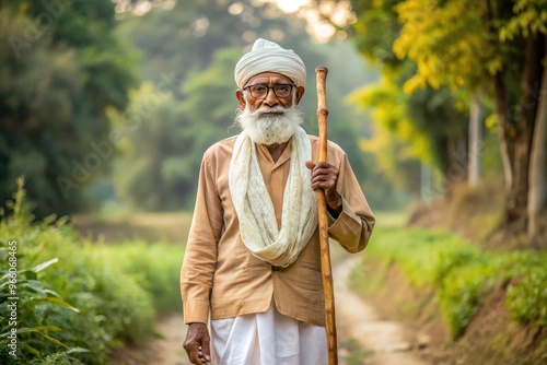 Elderly Indian leader, bespectacled and clad in traditional attire, walks with staff in hand, conveying simplicity, wisdom, and non-violent resistance in a serene setting. photo