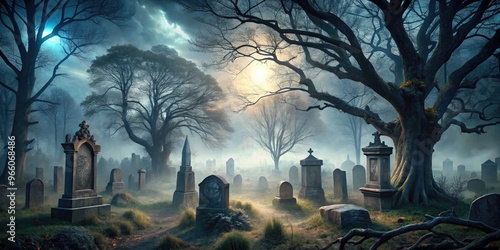 Eerie fog swirls around crumbling headstones and twisted trees, casting long shadows in a forgotten, moonlit graveyard, evoking a sense of foreboding and mystery. photo