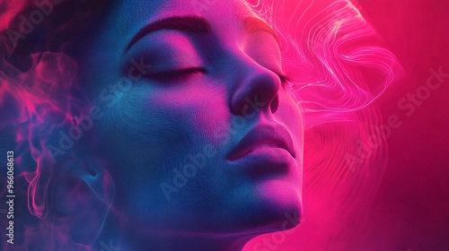 Abstract portrait of a woman's face with pink and blue neon light.