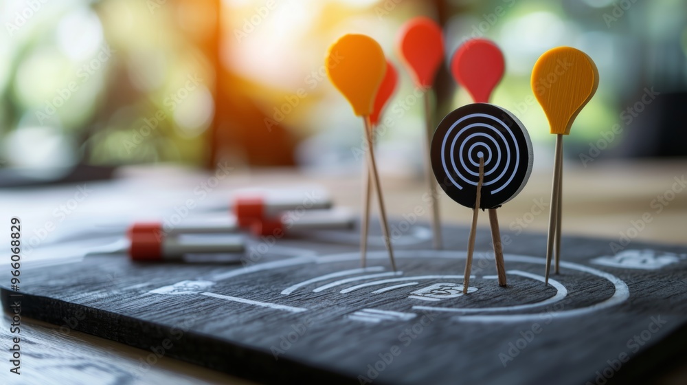 Colorful Target Pins On Wooden Board With White Bullseye Colorful Target Pins On Wooden Board With White Bullseye