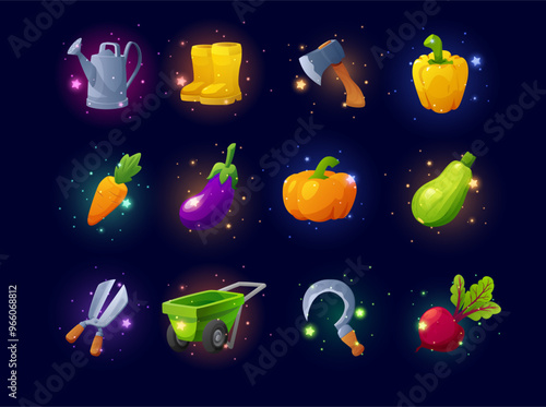 Garden tools and vegetables, icons for farm game design, vector on black