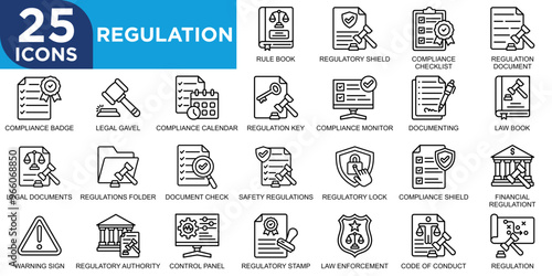 regulation, law, regulation, legal, business, compliance icon set. Outline icons collection. Simple vector illustration