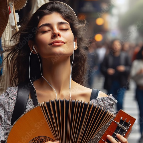 A street musician's fan closing their eyes and swaying to the mu photo