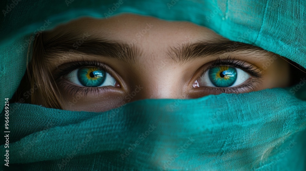 Closeup of the teal eyes of a girl with her face wrapped in a turquoise scarf generative ai Closeup of the teal eyes of a girl with her face wrapped in a turquoise scarf generative ai