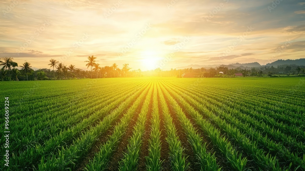 A tranquil landscape showcasing a lush green field at sunrise, with vibrant rays illuminating the horizon and palm trees in the background. A tranquil landscape showcasing a lush green field at sunrise, with vibrant rays illuminating the horizon and palm trees in the background.