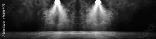 Empty Stage with Dramatic Spotlights and Smoke Banner Background. Abstract Creative Pattern for Nightclub Atmosphere. Perfect for Marketing Campaigns, Cultural Events, and 4K Wallpapers with Copy Spac photo