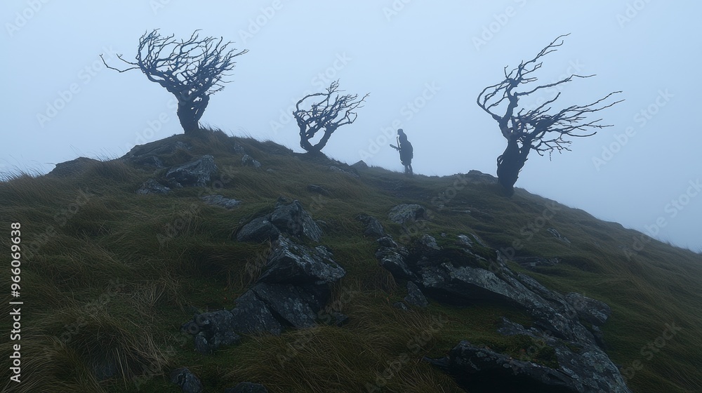 Wind-bending trees symbolizing the power and impact of wind in a foggy landscape. Wind-bending trees symbolizing the power and impact of wind in a foggy landscape.